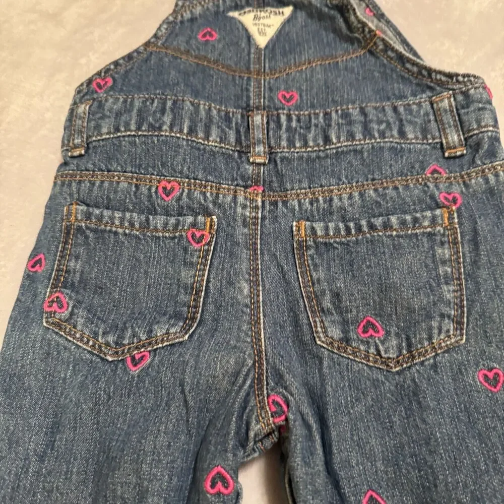 OshKosh B'Gosh Overalls Baby Girls 12 Month‎ Denim Vestbak Pink Heart Blue Denim
